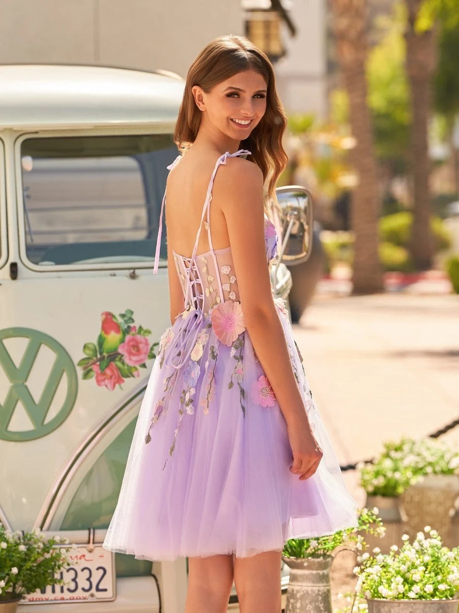 Whimsical A-Line Sweetheart Floral Corset Lavender Mini Homecoming Dress For Women