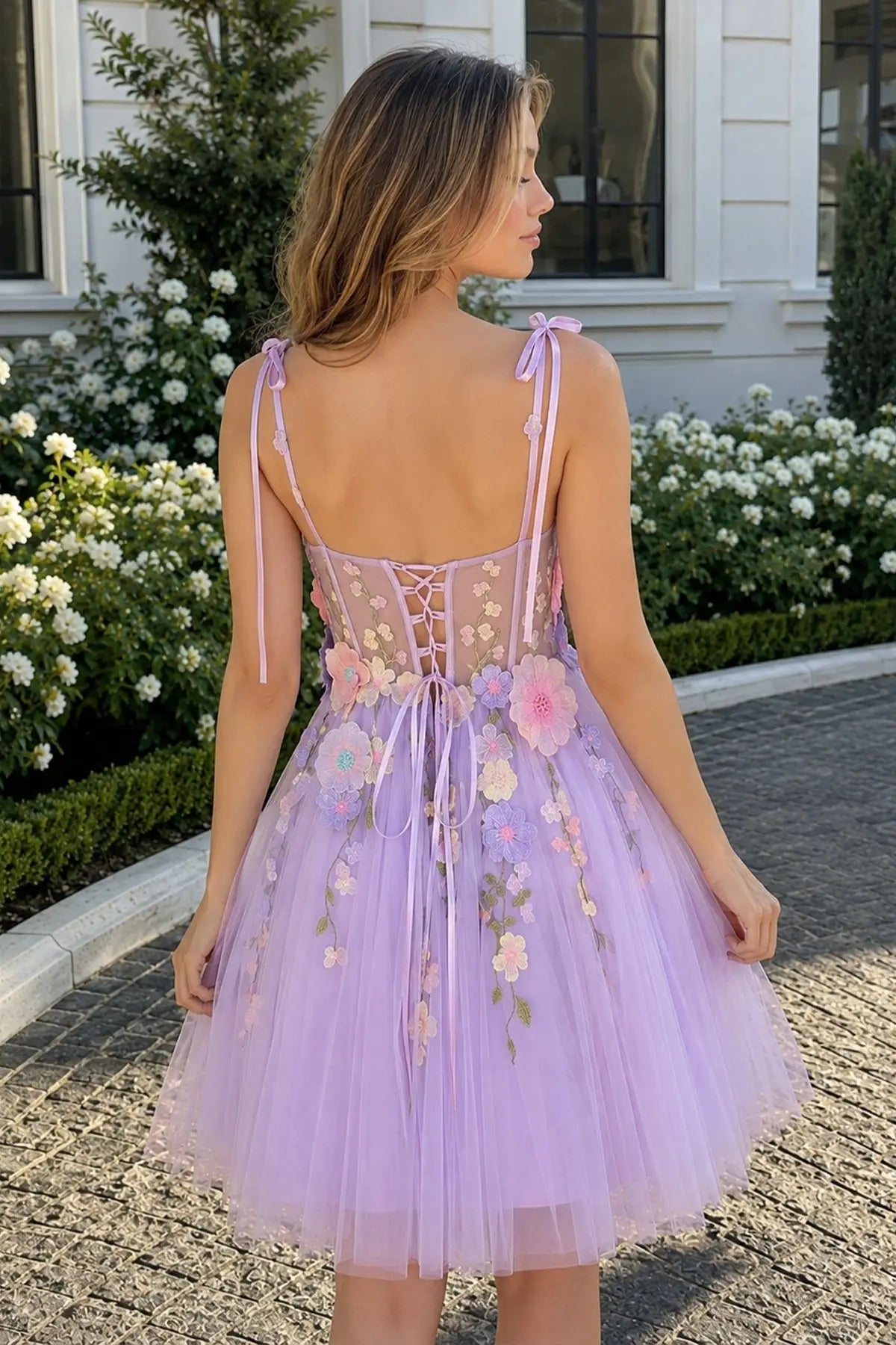 Whimsical A-Line Sweetheart Floral Corset Lavender Mini Homecoming Dress For Women