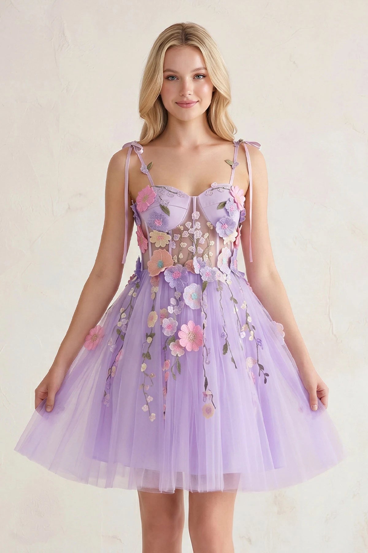 Whimsical A-Line Sweetheart Floral Corset Lavender Mini Homecoming Dress For Women