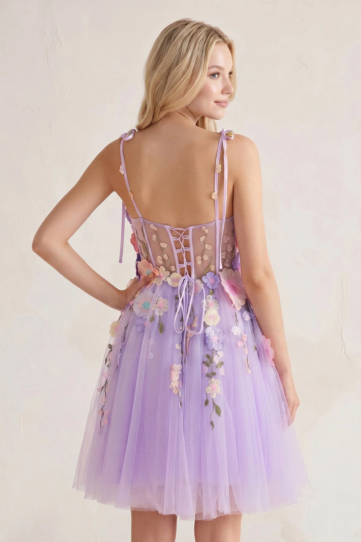 Whimsical A-Line Sweetheart Floral Corset Lavender Mini Homecoming Dress For Women