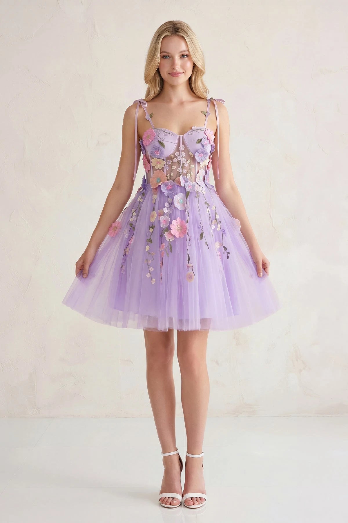 Whimsical A-Line Sweetheart Floral Corset Lavender Mini Homecoming Dress For Women