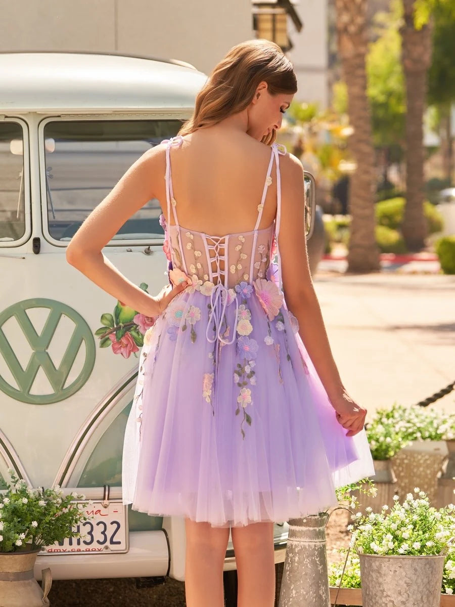 Whimsical A-Line Sweetheart Floral Corset Lavender Mini Homecoming Dress For Women
