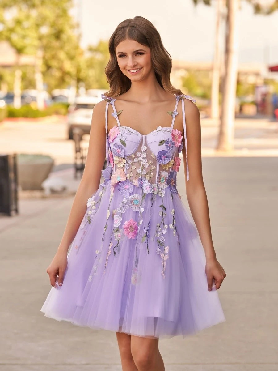 Whimsical A-Line Sweetheart Floral Corset Lavender Mini Homecoming Dress For Women