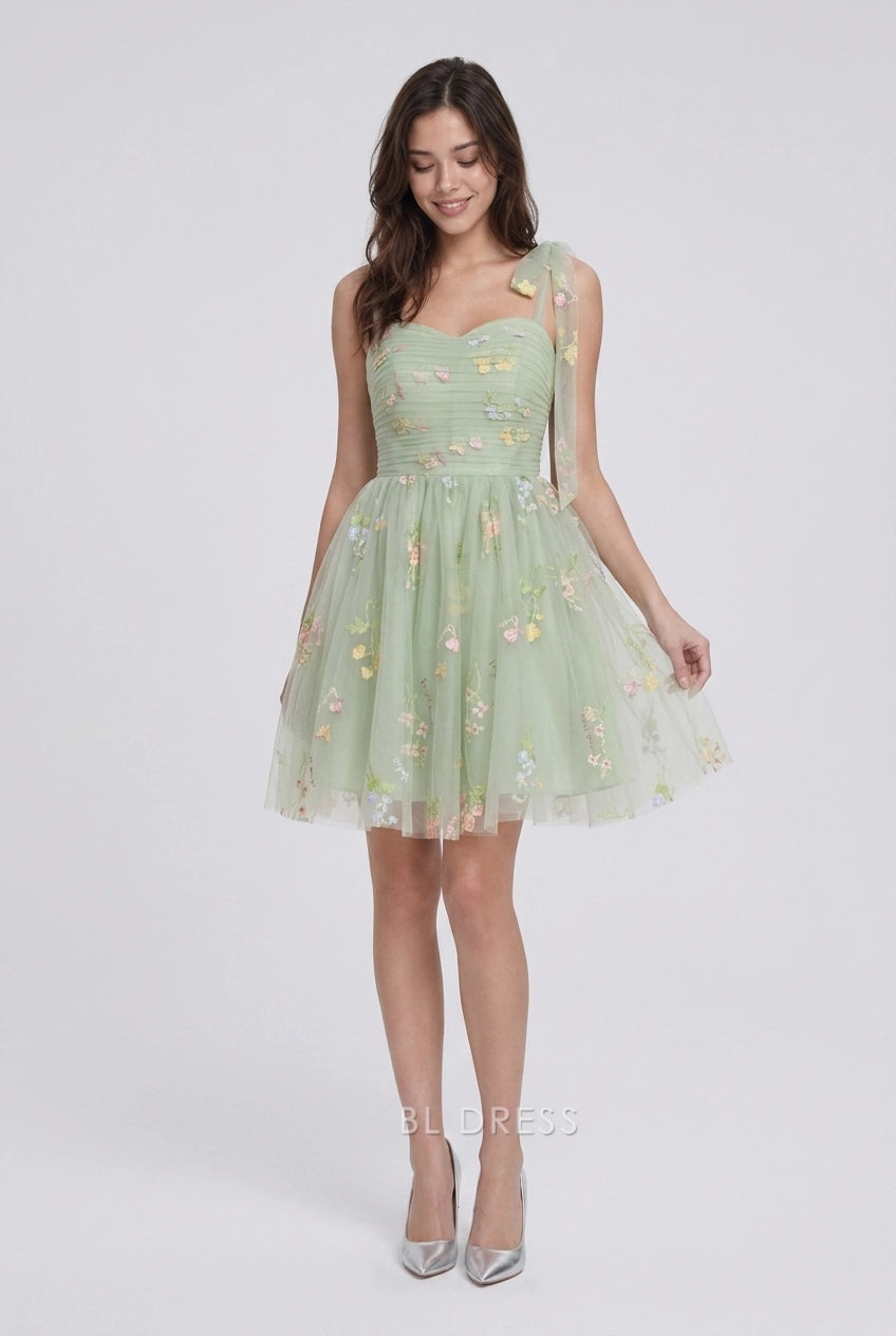 Whimsical A-Line Sweetheart Sleeveless Embroidered Floral Mint Green Short Homecoming Dresses