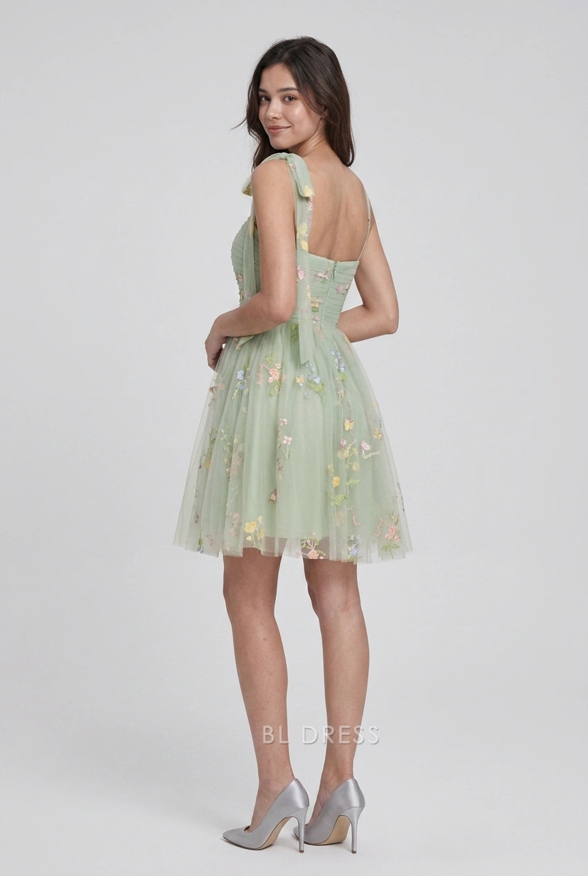 Whimsical A-Line Sweetheart Sleeveless Embroidered Floral Mint Green Short Homecoming Dresses