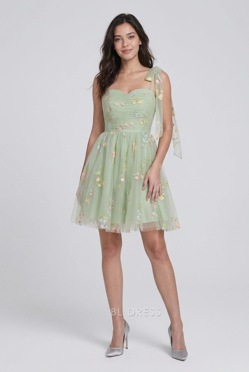 Whimsical A-Line Sweetheart Sleeveless Embroidered Floral Mint Green Short Homecoming Dresses