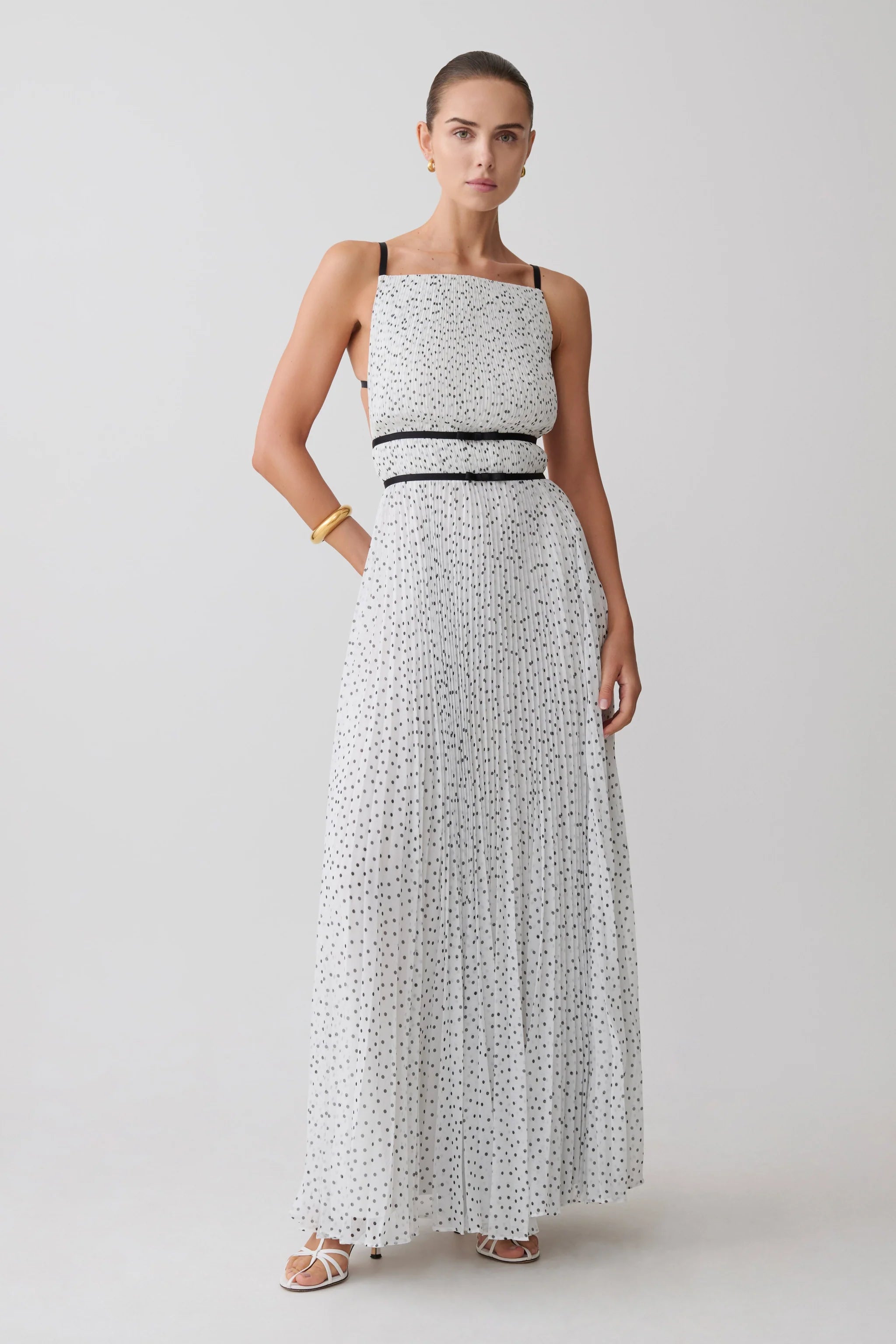 White Black Polka Dot Pleated Square Neck Cutout Maxi Evening Dress