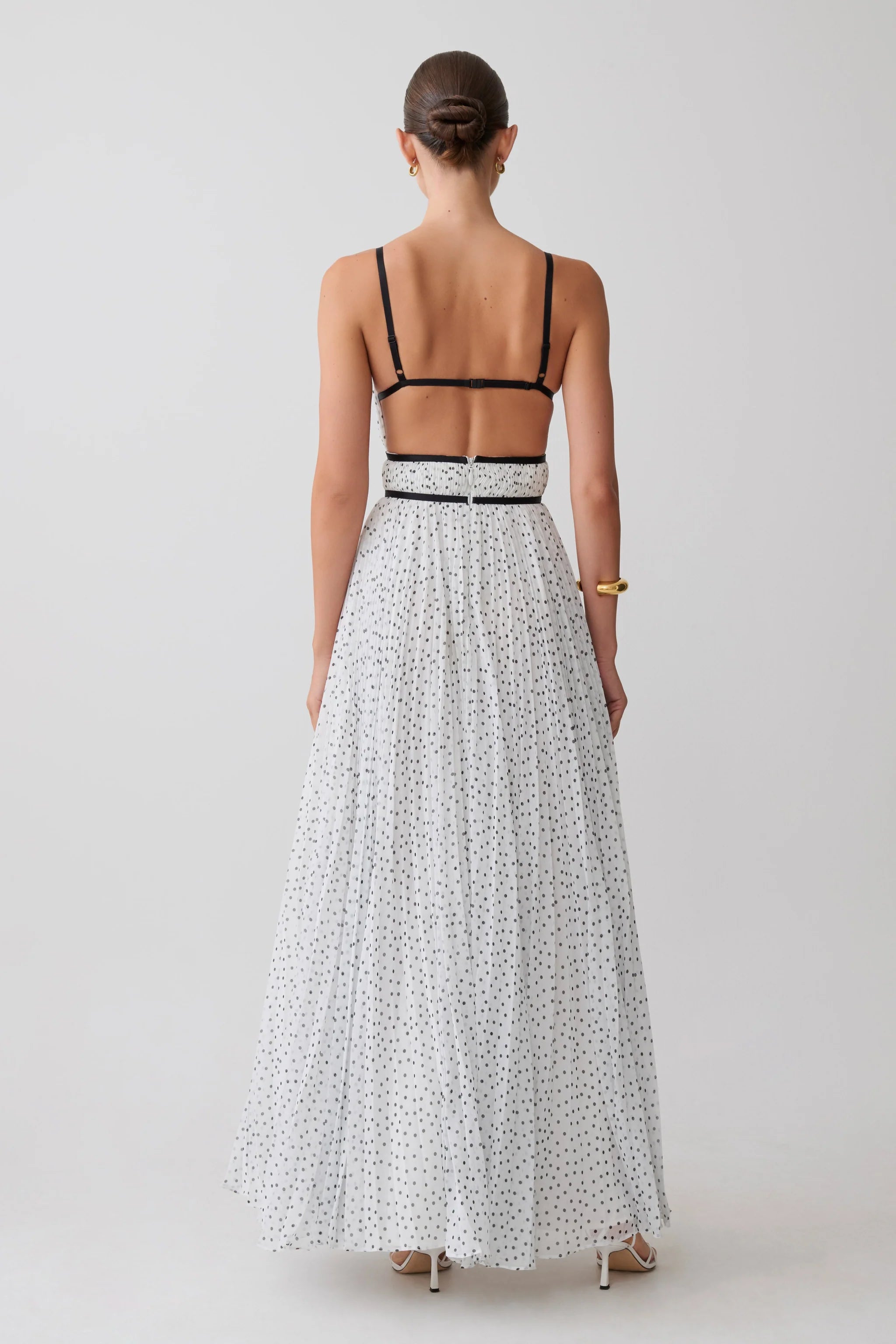 White Black Polka Dot Pleated Square Neck Cutout Maxi Evening Dress