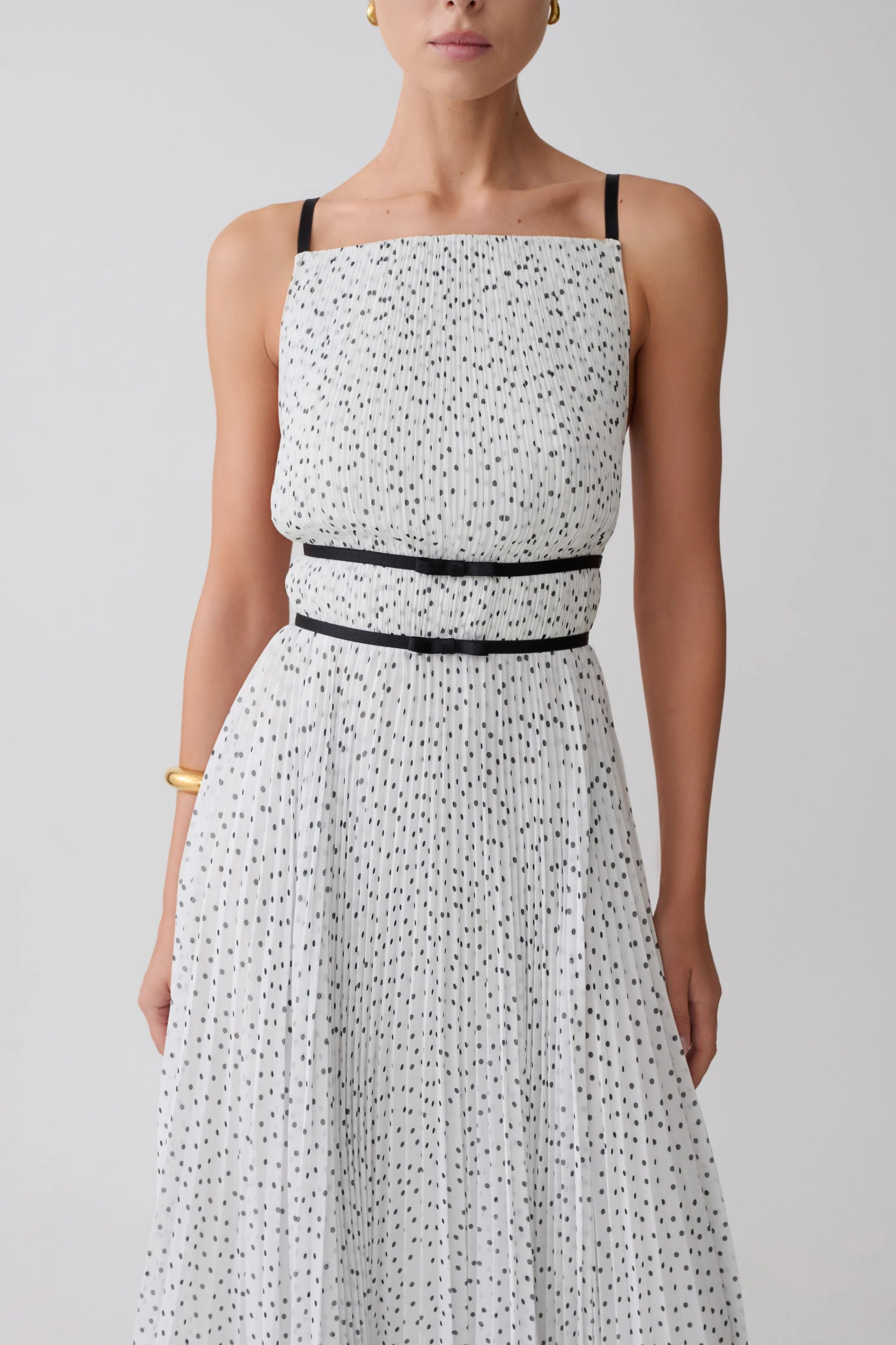 White Black Polka Dot Pleated Square Neck Cutout Maxi Evening Dress