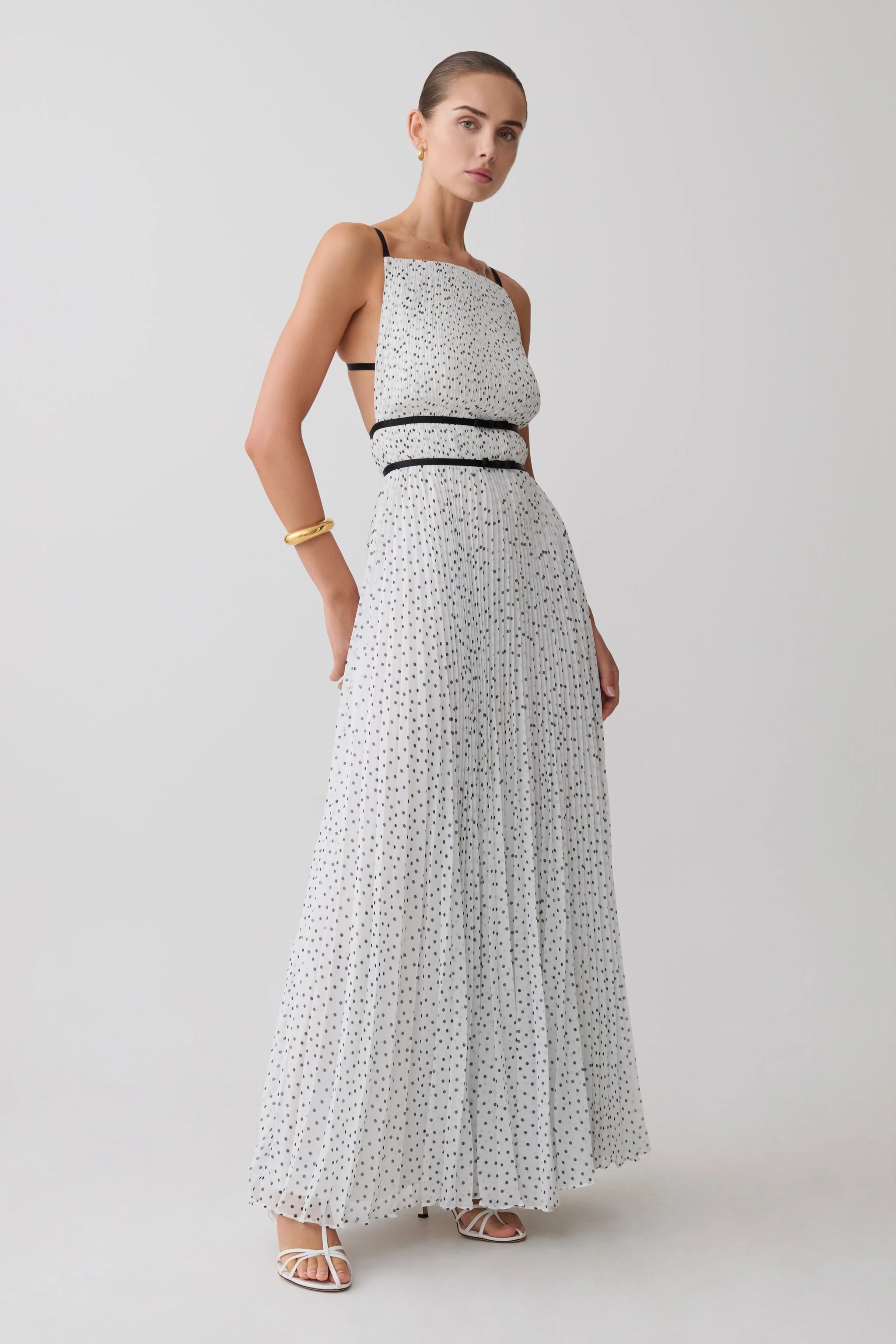 White Black Polka Dot Pleated Square Neck Cutout Maxi Evening Dress