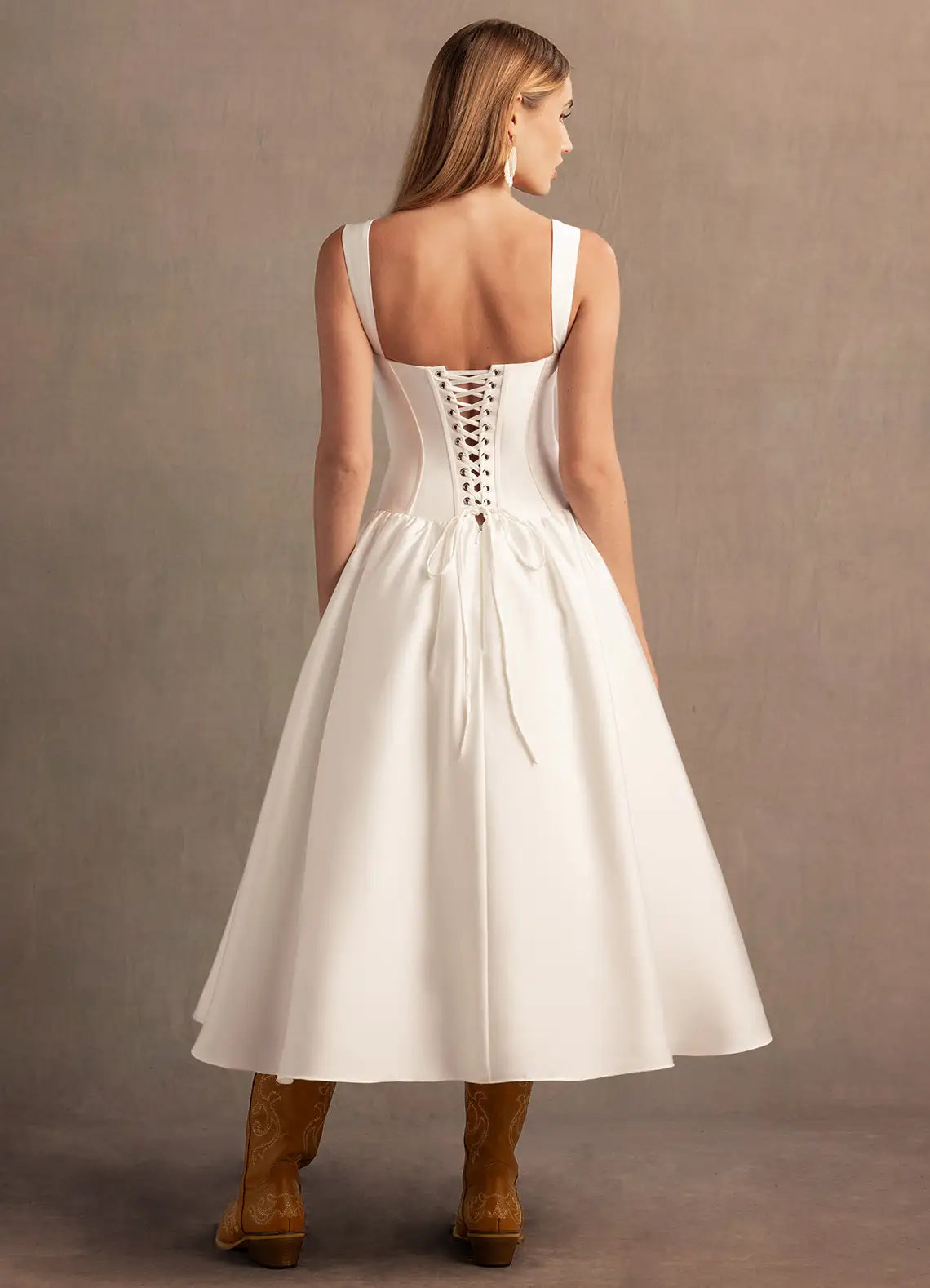 White Corset Midi Prom Dress with Bow Cutout Neckline and Lace Up Back for Bridal and Formal Events