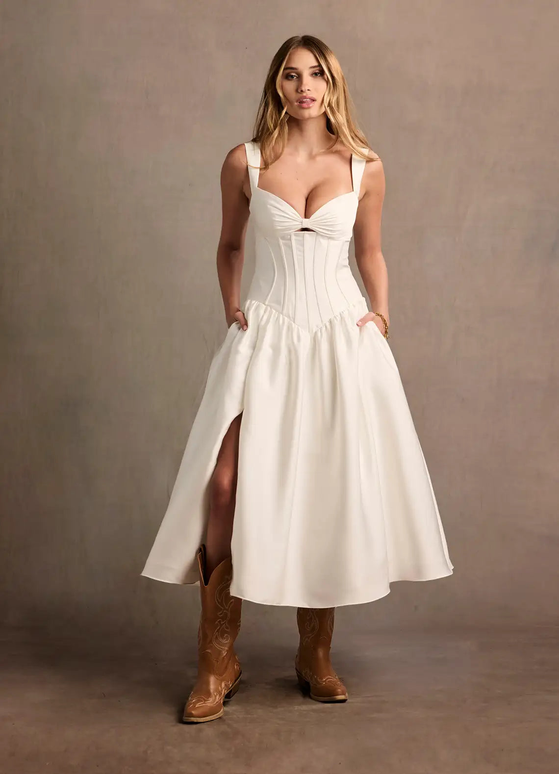 White Corset Midi Prom Dress with Bow Cutout Neckline and Lace Up Back for Bridal and Formal Events