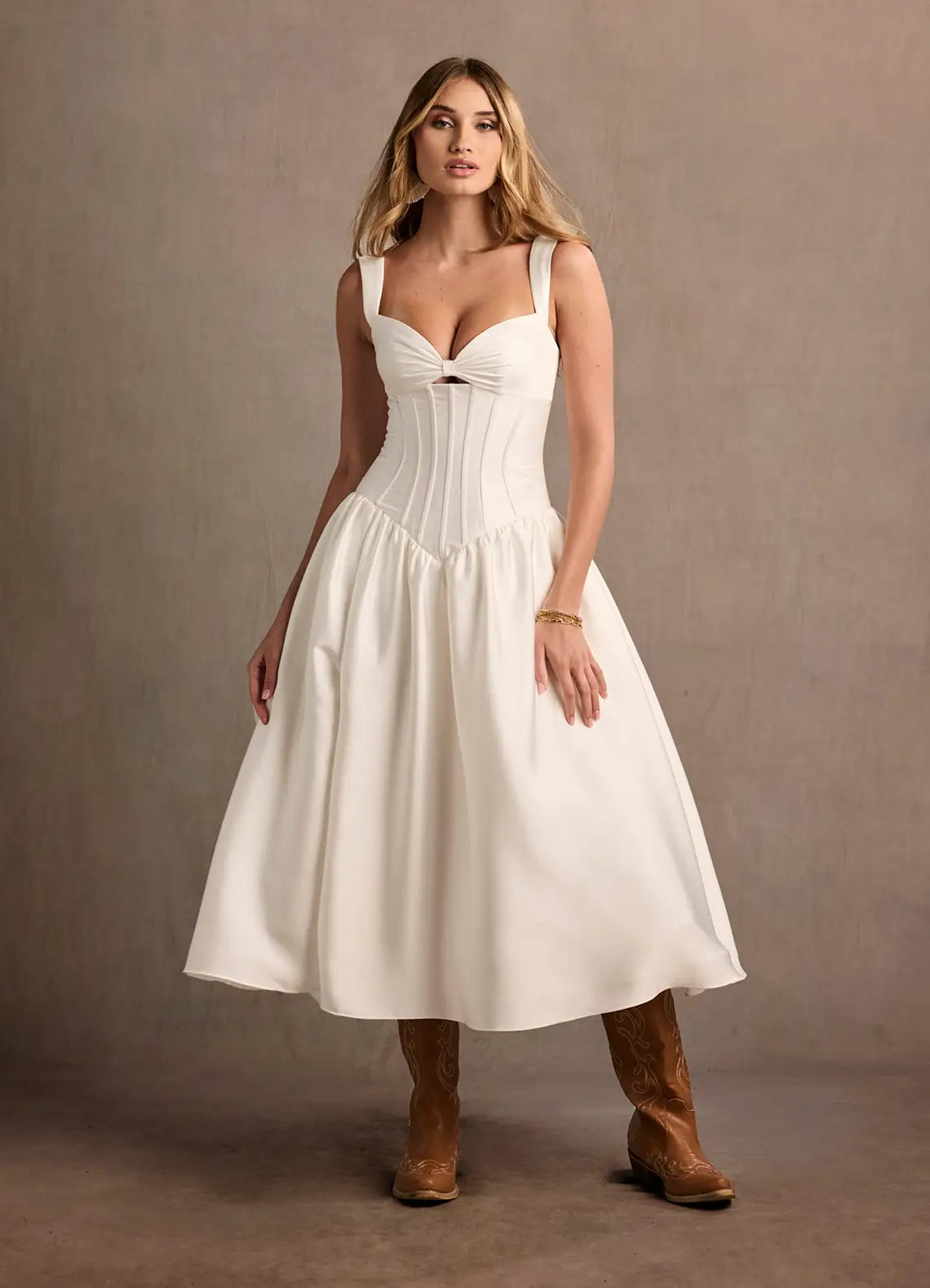 White Corset Midi Prom Dress with Bow Cutout Neckline and Lace Up Back for Bridal and Formal Events