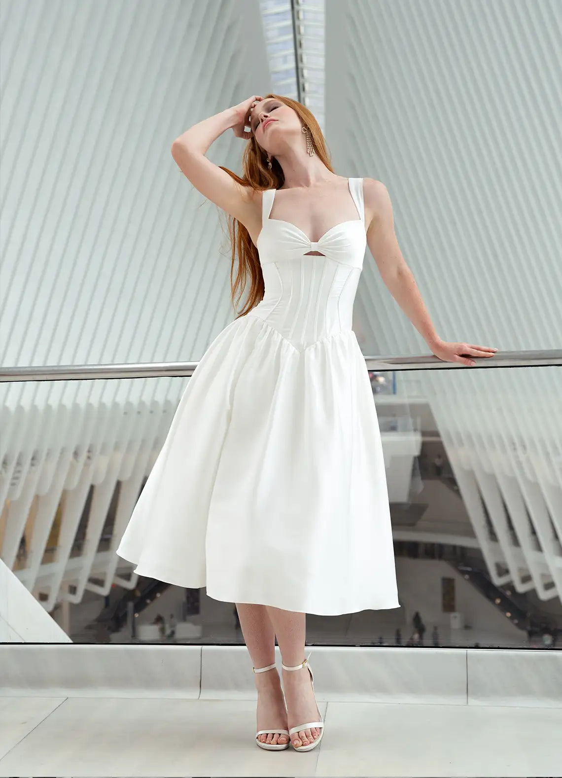 White Corset Midi Prom Dress with Bow Cutout Neckline and Lace Up Back for Bridal and Formal Events