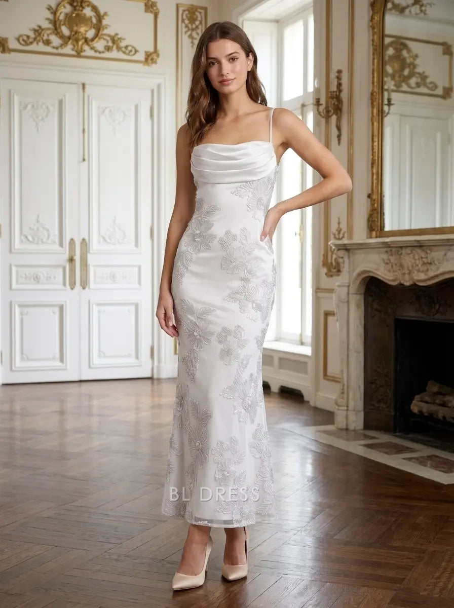 White Cowl Neck Spaghetti Strap Floral Beaded Lace-Up Back Midi Formal Evening Prom Dress