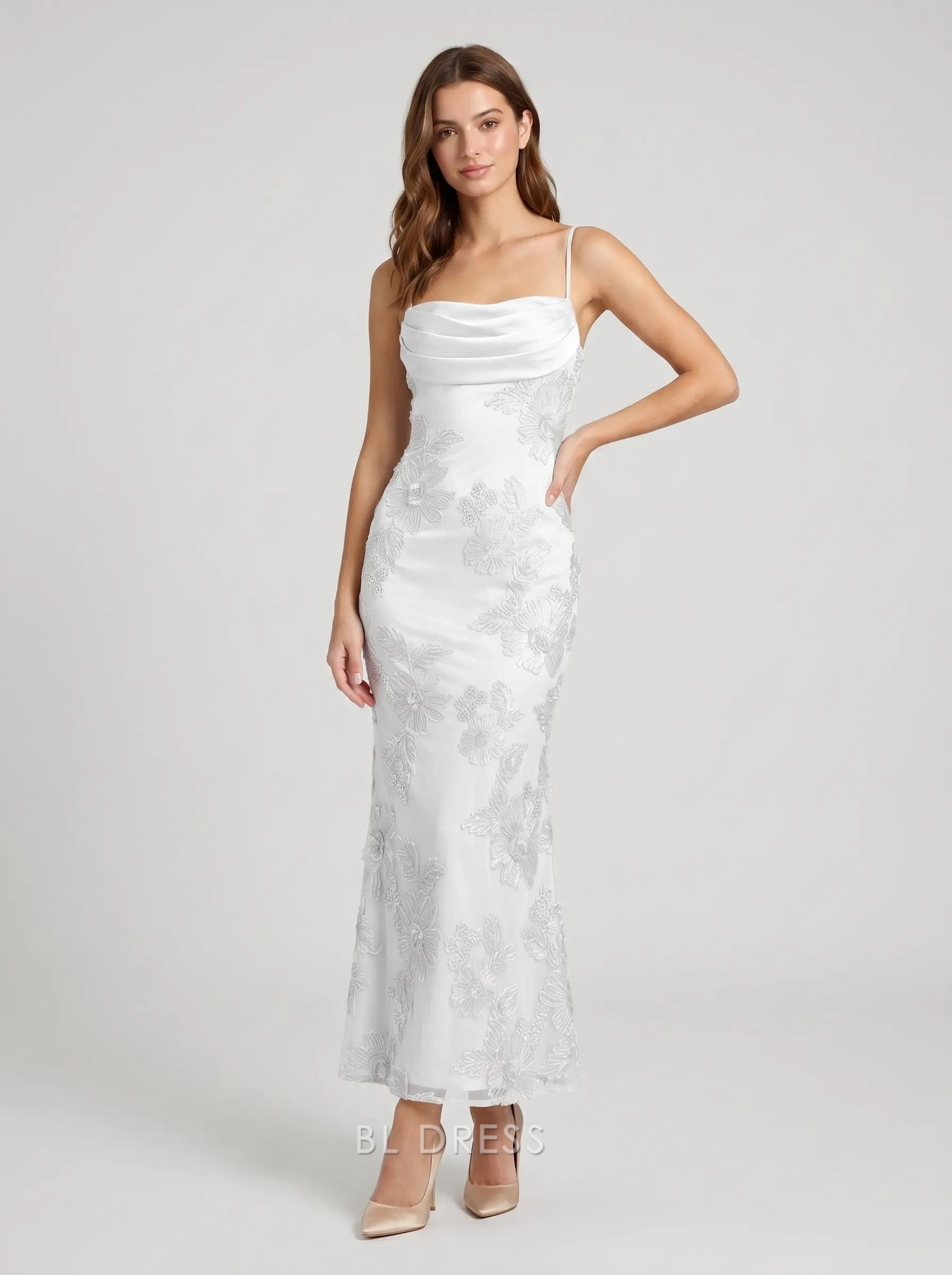 White Cowl Neck Spaghetti Strap Floral Beaded Lace-Up Back Midi Formal Evening Prom Dress