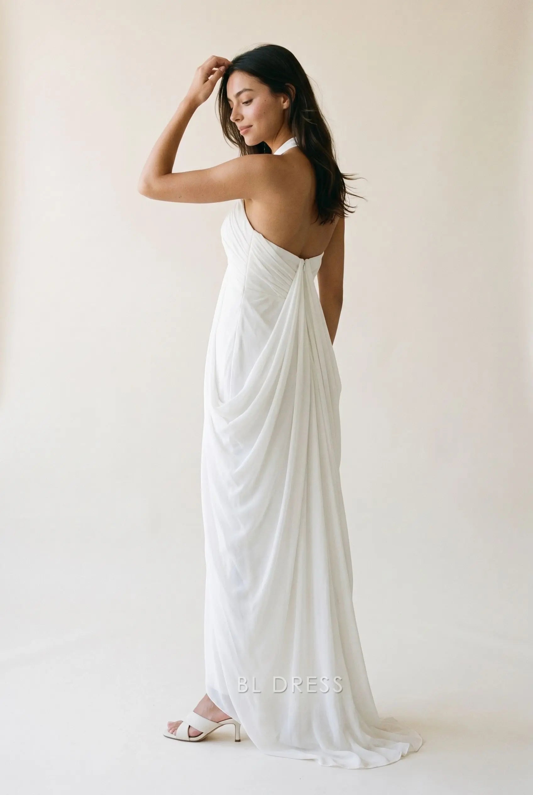 White Halter Neck Deep V Ruched Bodice Open Back Flowy Chiffon A Line Long Prom Dress