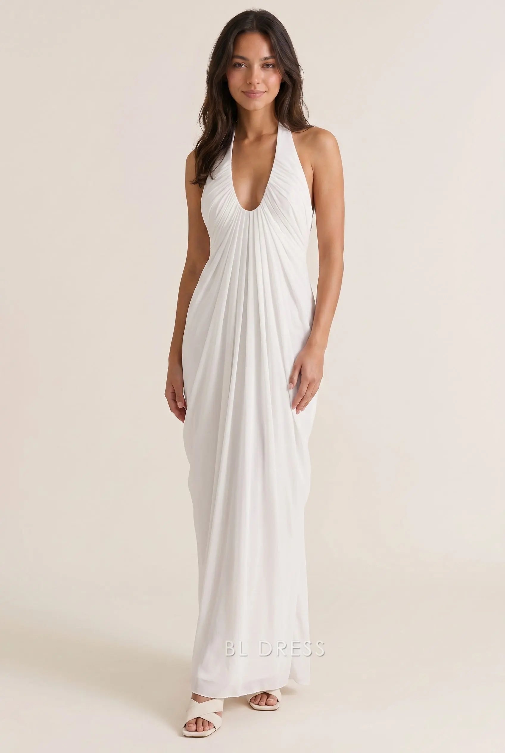 White Halter Neck Deep V Ruched Bodice Open Back Flowy Chiffon A Line Long Prom Dress