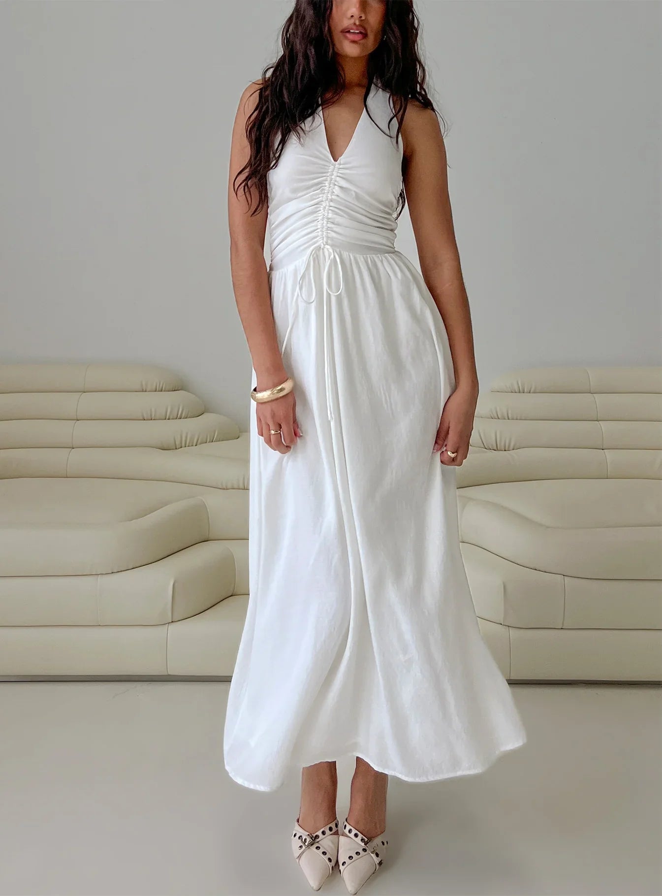 White Halter Prom Dress with Ruched Bust and Flowy A Line for Formal Events and Prom Nights
