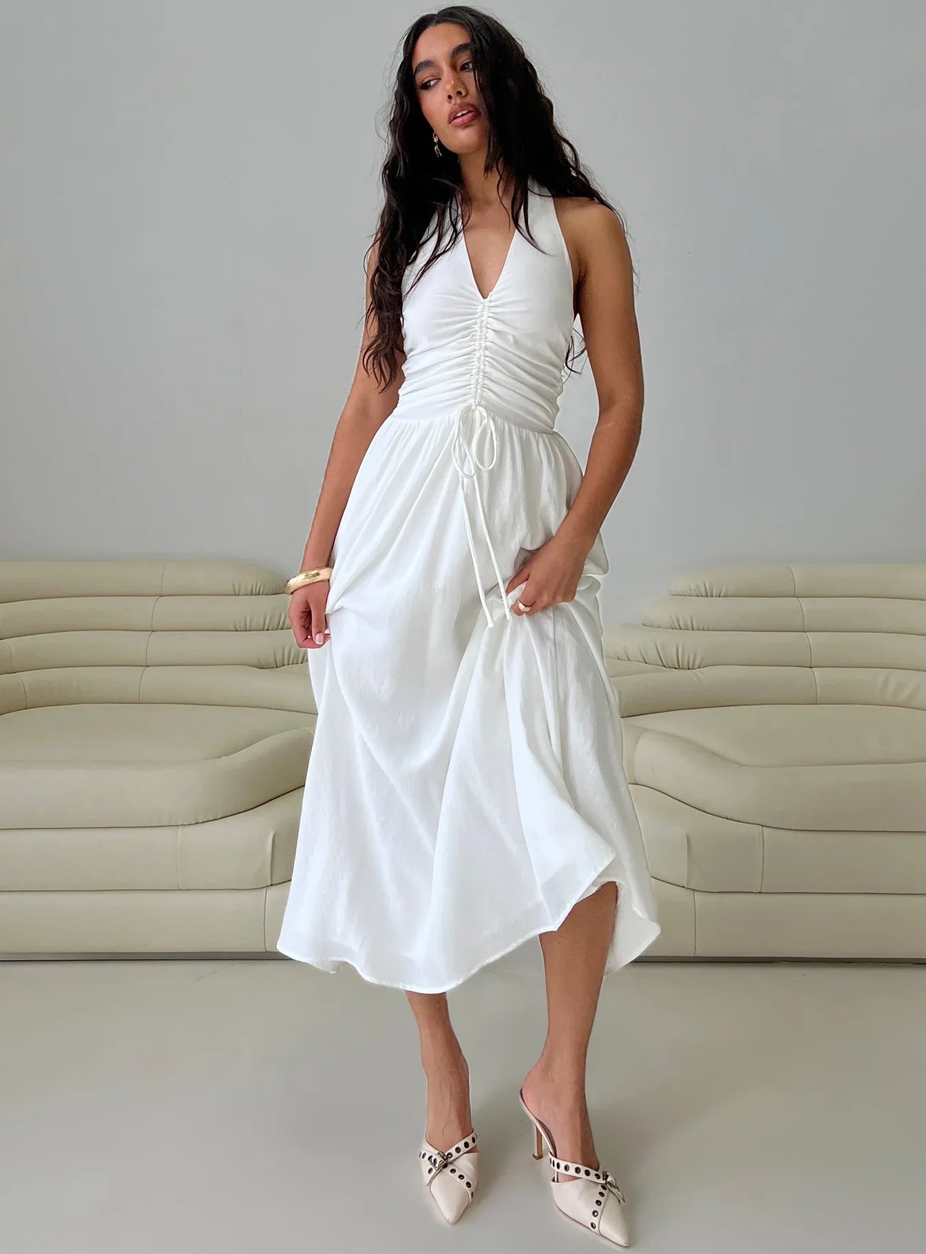 White Halter Prom Dress with Ruched Bust and Flowy A Line for Formal Events and Prom Nights