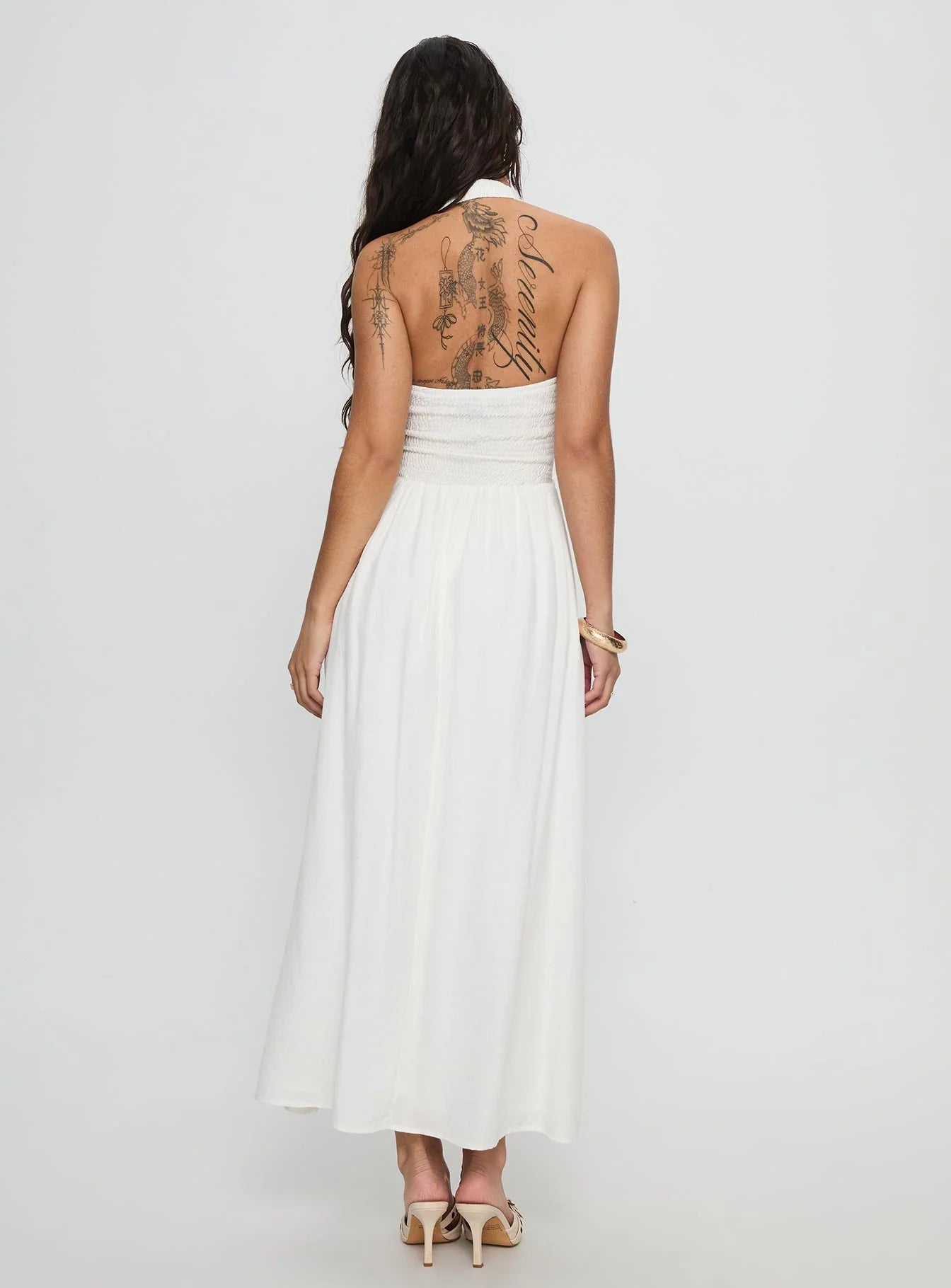 White Halter Prom Dress with Ruched Bust and Flowy A Line for Formal Events and Prom Nights