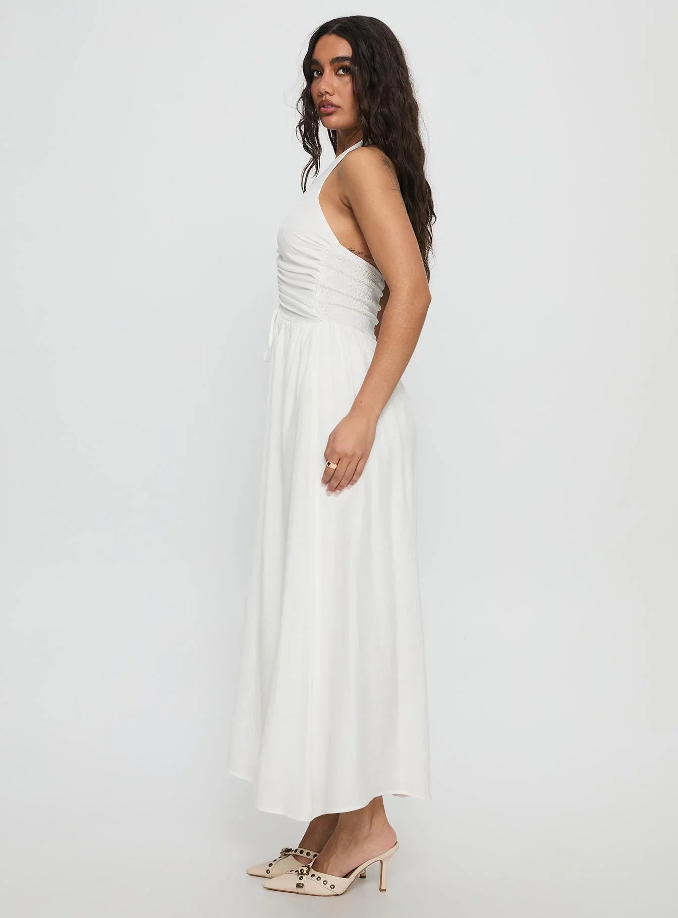 White Halter Prom Dress with Ruched Bust and Flowy A Line for Formal Events and Prom Nights
