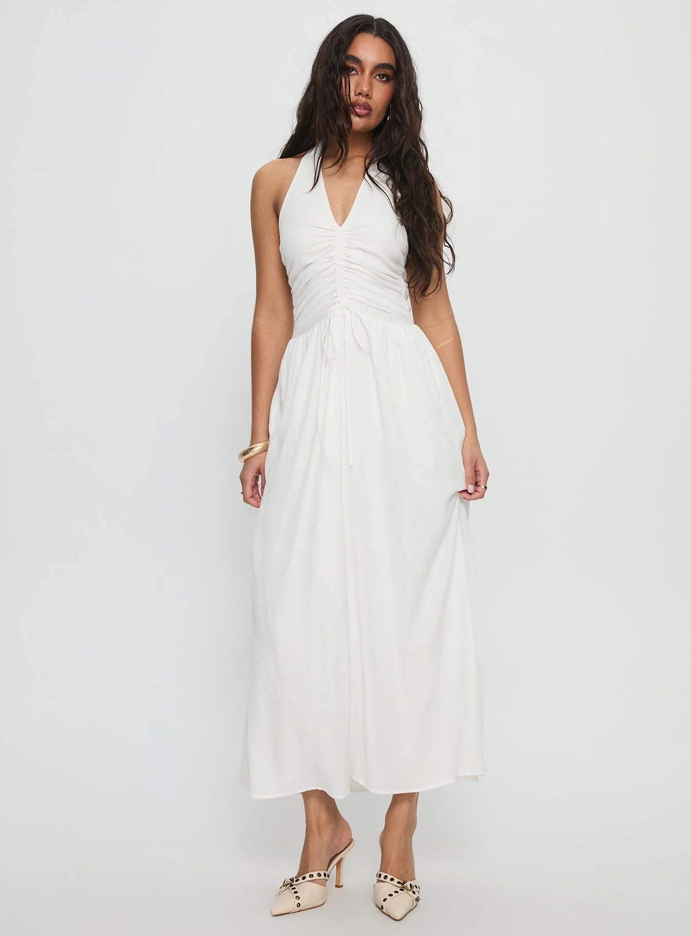 White Halter Prom Dress with Ruched Bust and Flowy A Line for Formal Events and Prom Nights