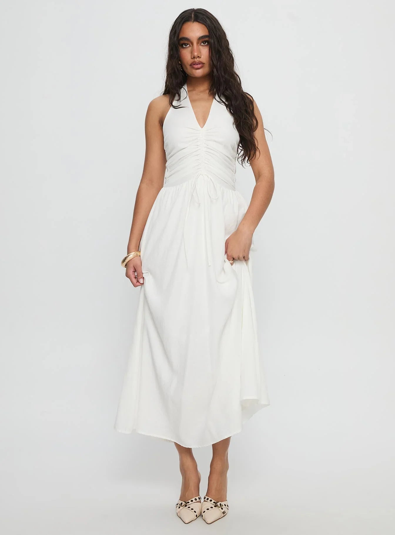 White Halter Prom Dress with Ruched Bust and Flowy A Line for Formal Events and Prom Nights