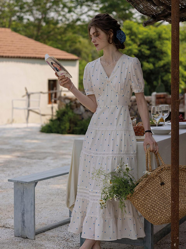 White Midi Dress with Blue Polka Dots and Lace Trim for Casual Bridal Shower and Garden Party