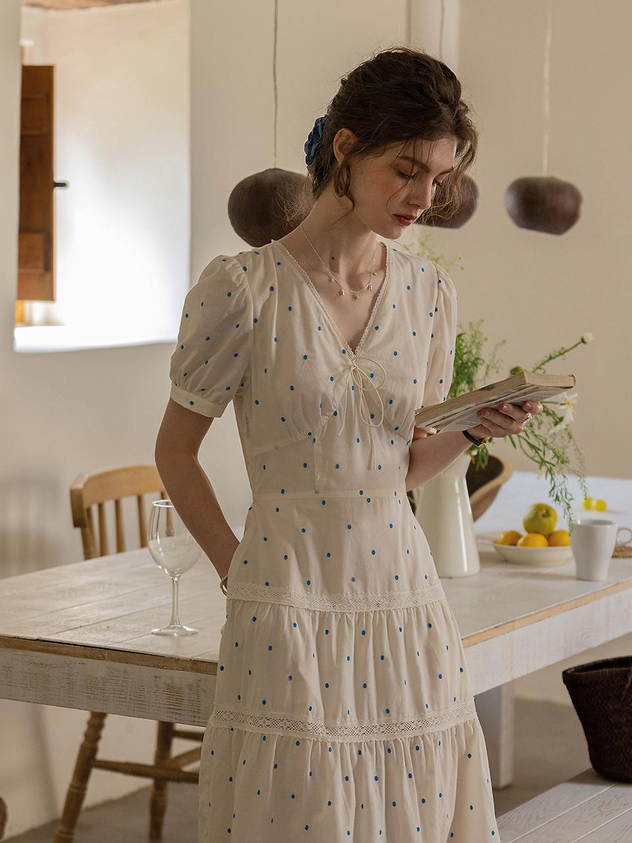 White Midi Dress with Blue Polka Dots and Lace Trim for Casual Bridal Shower and Garden Party