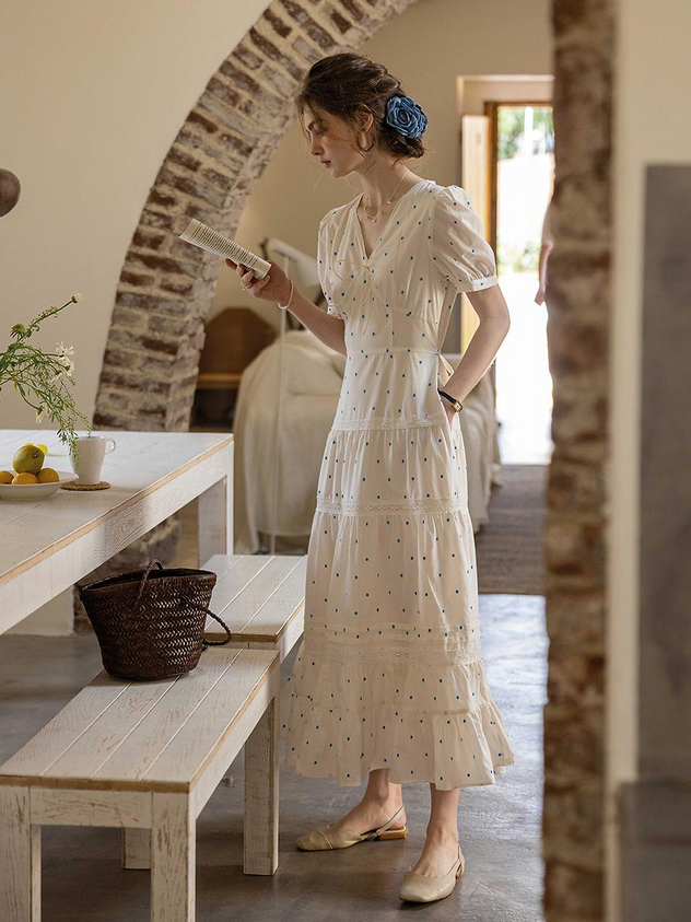 White Midi Dress with Blue Polka Dots and Lace Trim for Casual Bridal Shower and Garden Party