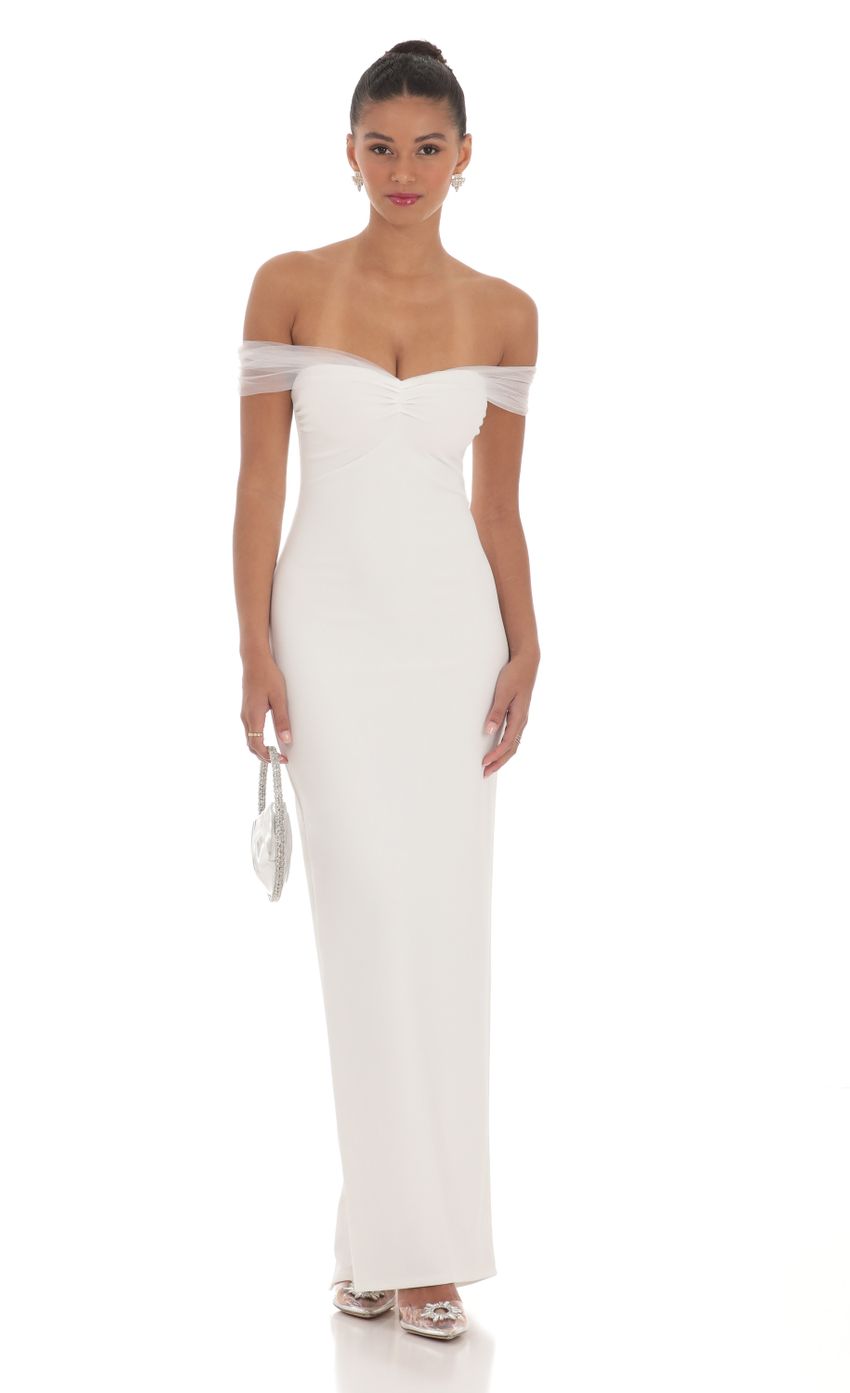 White Off-the-Shoulder Prom Dress With Tulle Trim Formal Prom Dress