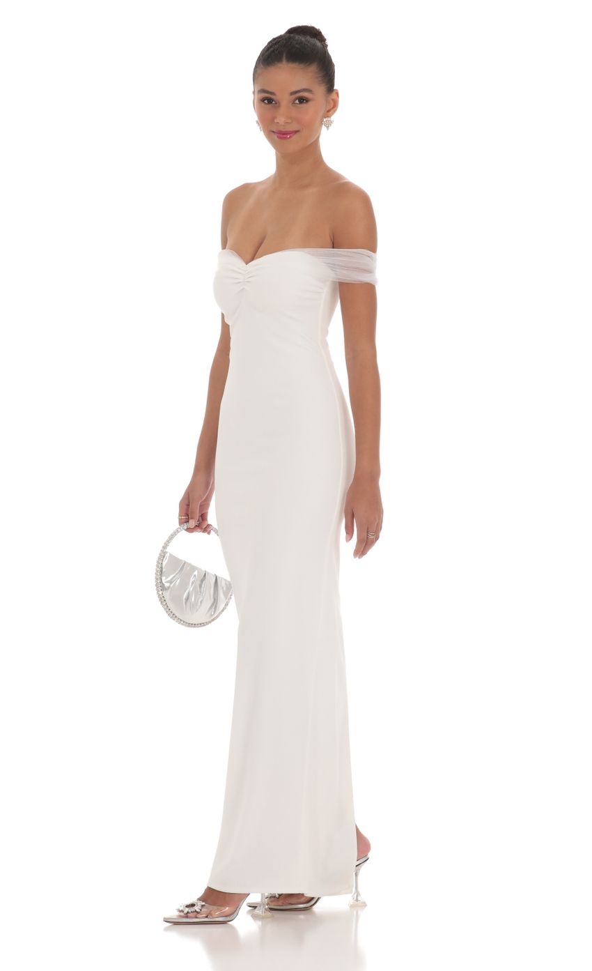White Off-the-Shoulder Prom Dress With Tulle Trim Formal Prom Dress