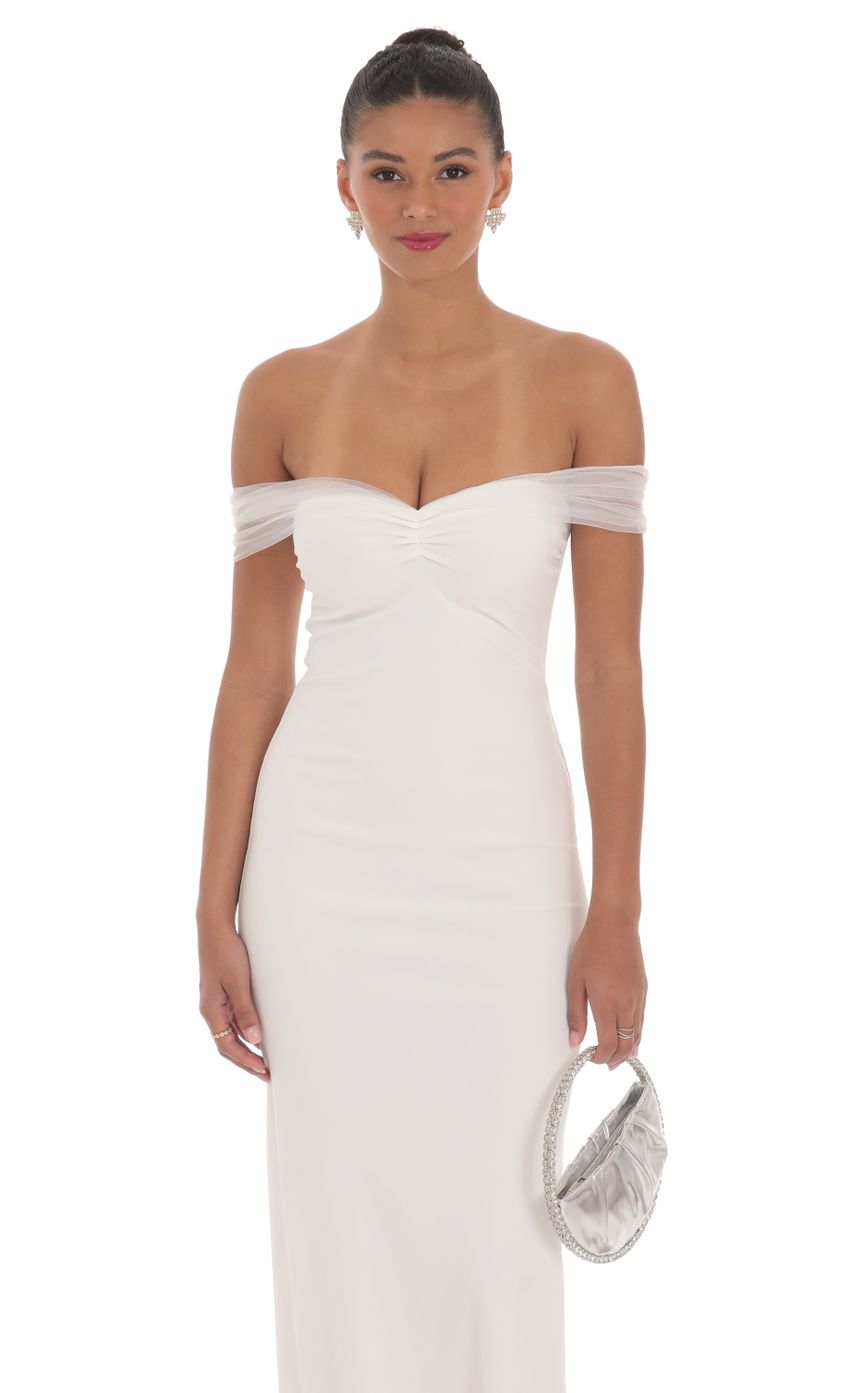 White Off-the-Shoulder Prom Dress With Tulle Trim Formal Prom Dress