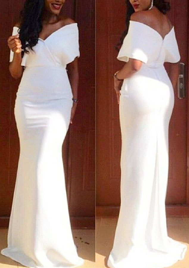 White Off The Shoulder Short Sleeve Mermaid Long Formal Evening Prom Dress
