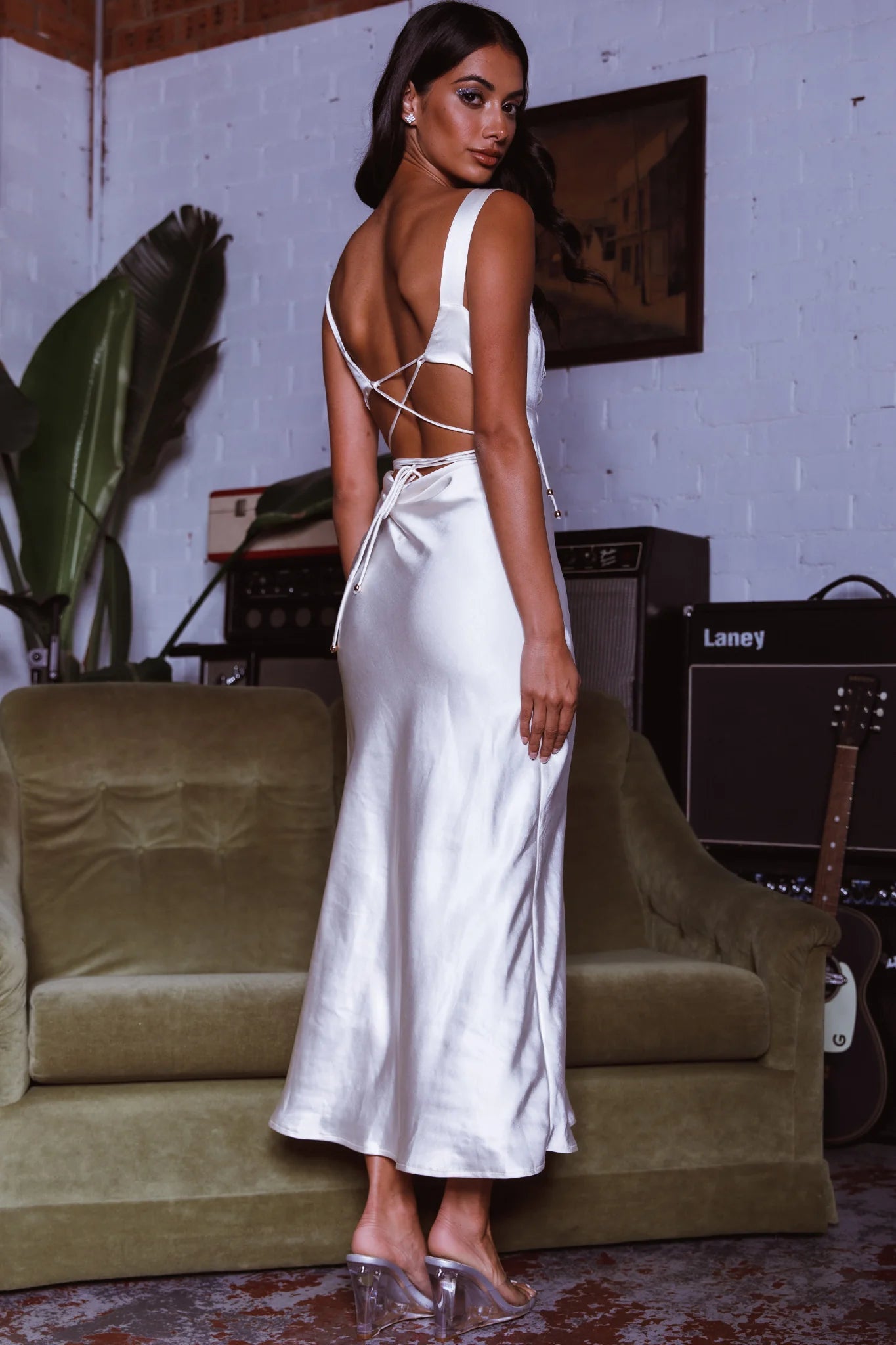 White Satin Cutout Lace-Up Back High Slit Midi Evening Dress