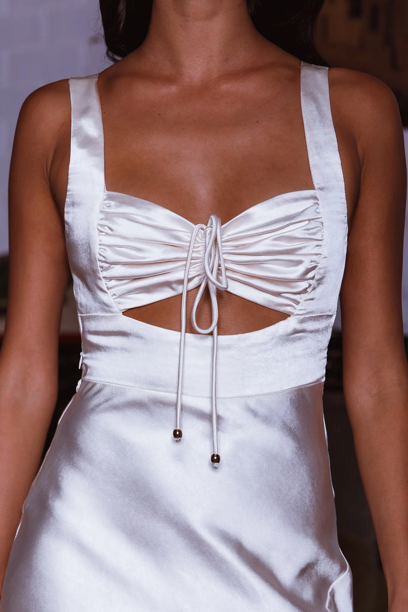 White Satin Cutout Lace-Up Back High Slit Midi Evening Dress