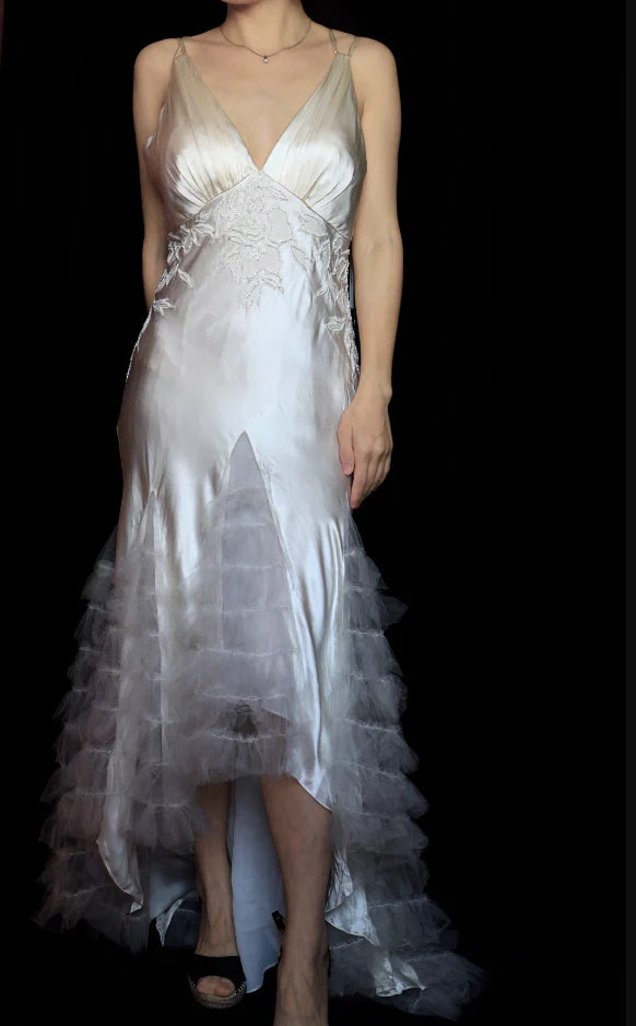 White Satin V Neck Spaghetti Strap Lace Applique Ruffle Tiered High Low Prom Dress