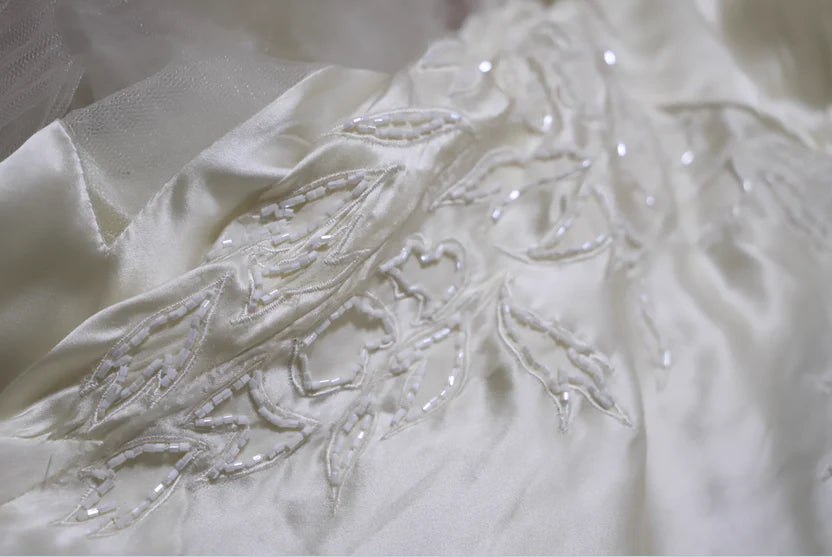 White Satin V Neck Spaghetti Strap Lace Applique Ruffle Tiered High Low Prom Dress
