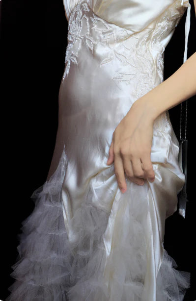 White Satin V Neck Spaghetti Strap Lace Applique Ruffle Tiered High Low Prom Dress