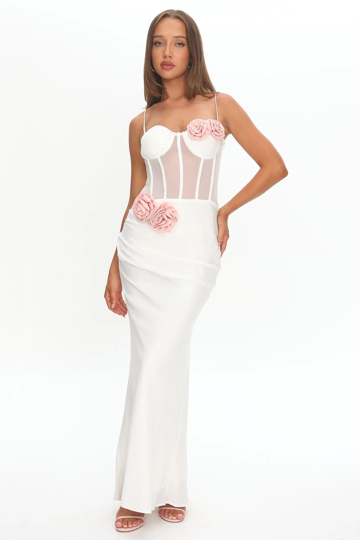 White Spaghetti Strap Corset Bodice With Pink 3D Floral Appliqué Mermaid Formal Evening Prom Dress