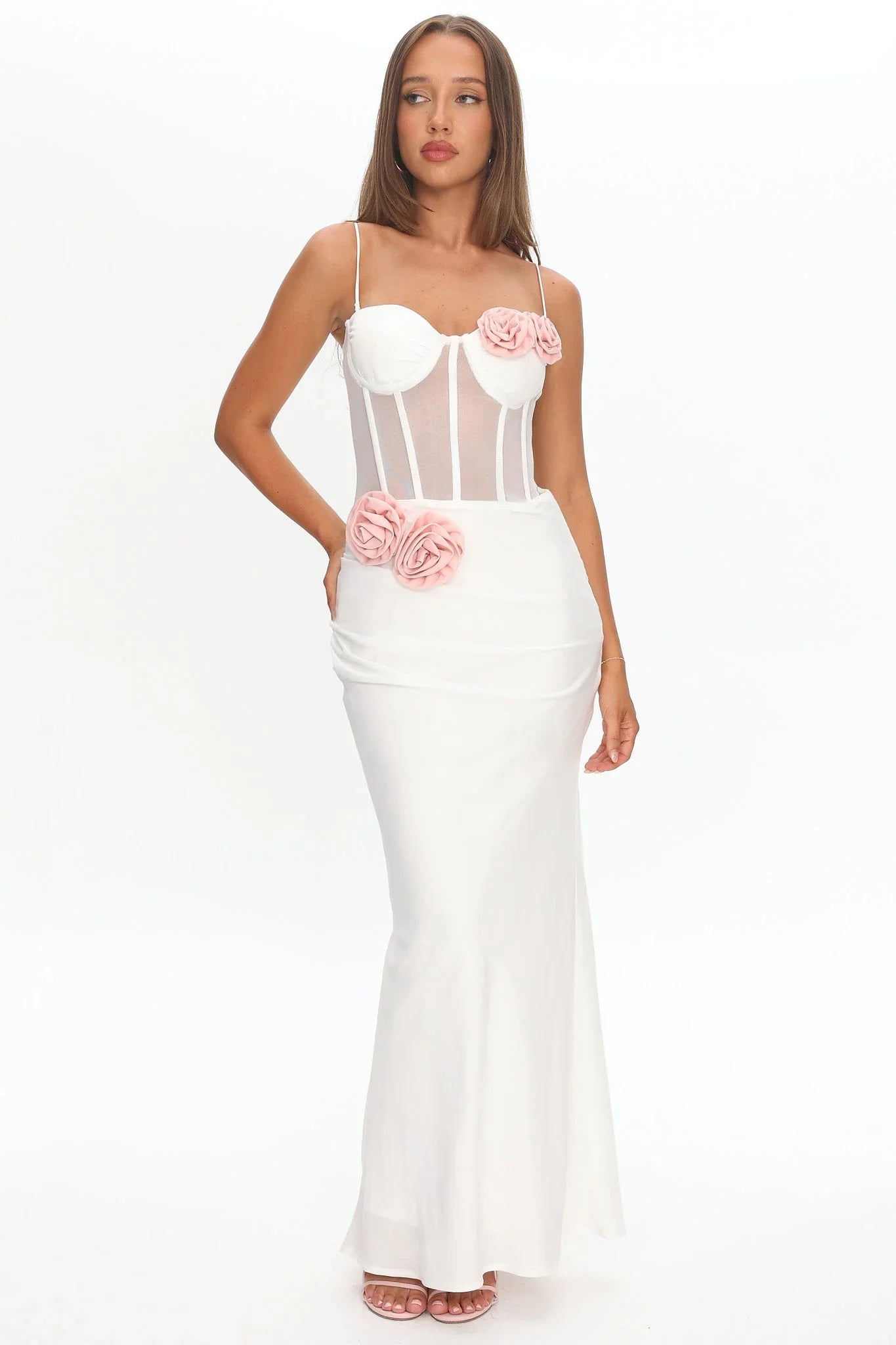 White Spaghetti Strap Corset Bodice With Pink 3D Floral Appliqué Mermaid Formal Evening Prom Dress