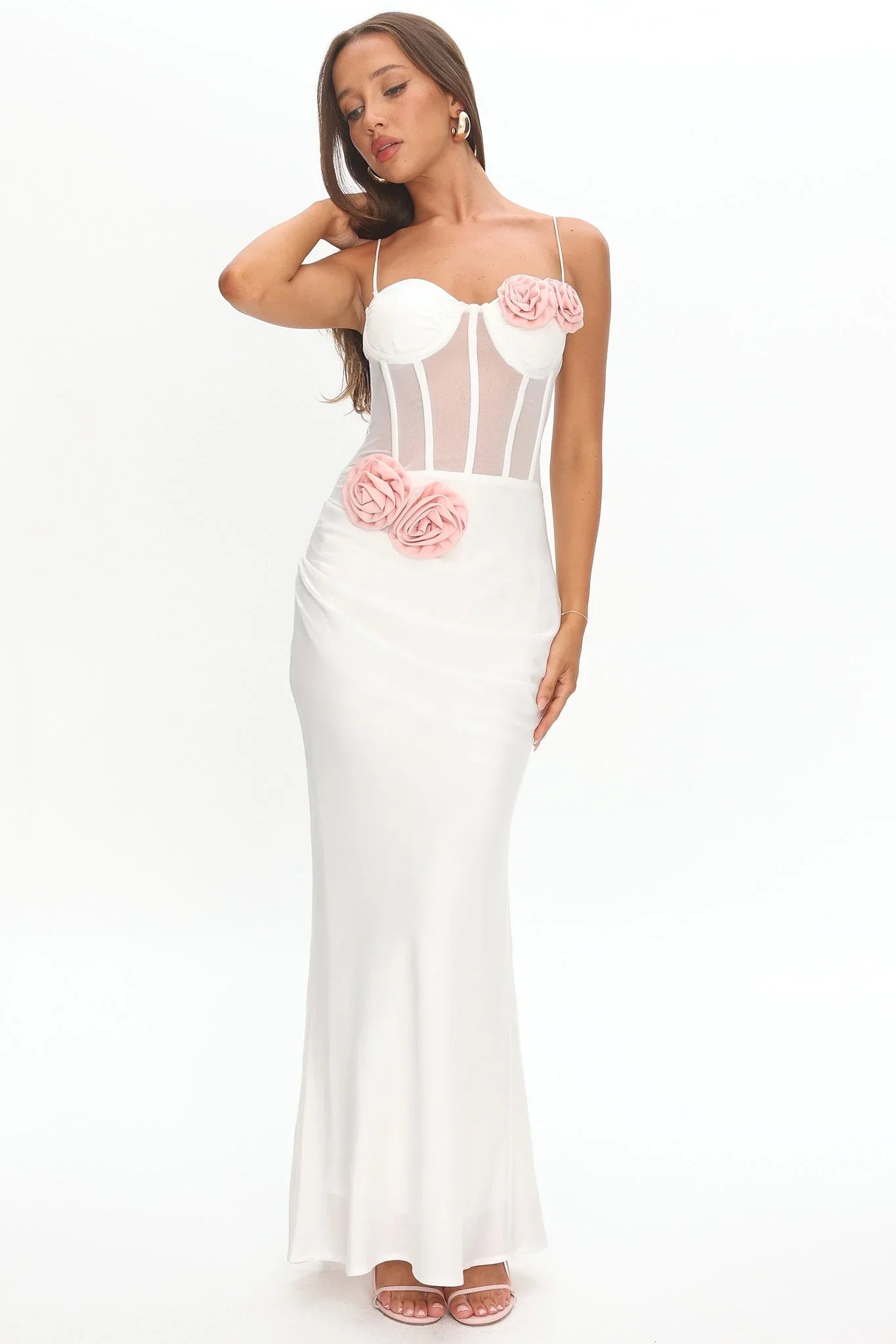 White Spaghetti Strap Corset Bodice With Pink 3D Floral Appliqué Mermaid Formal Evening Prom Dress
