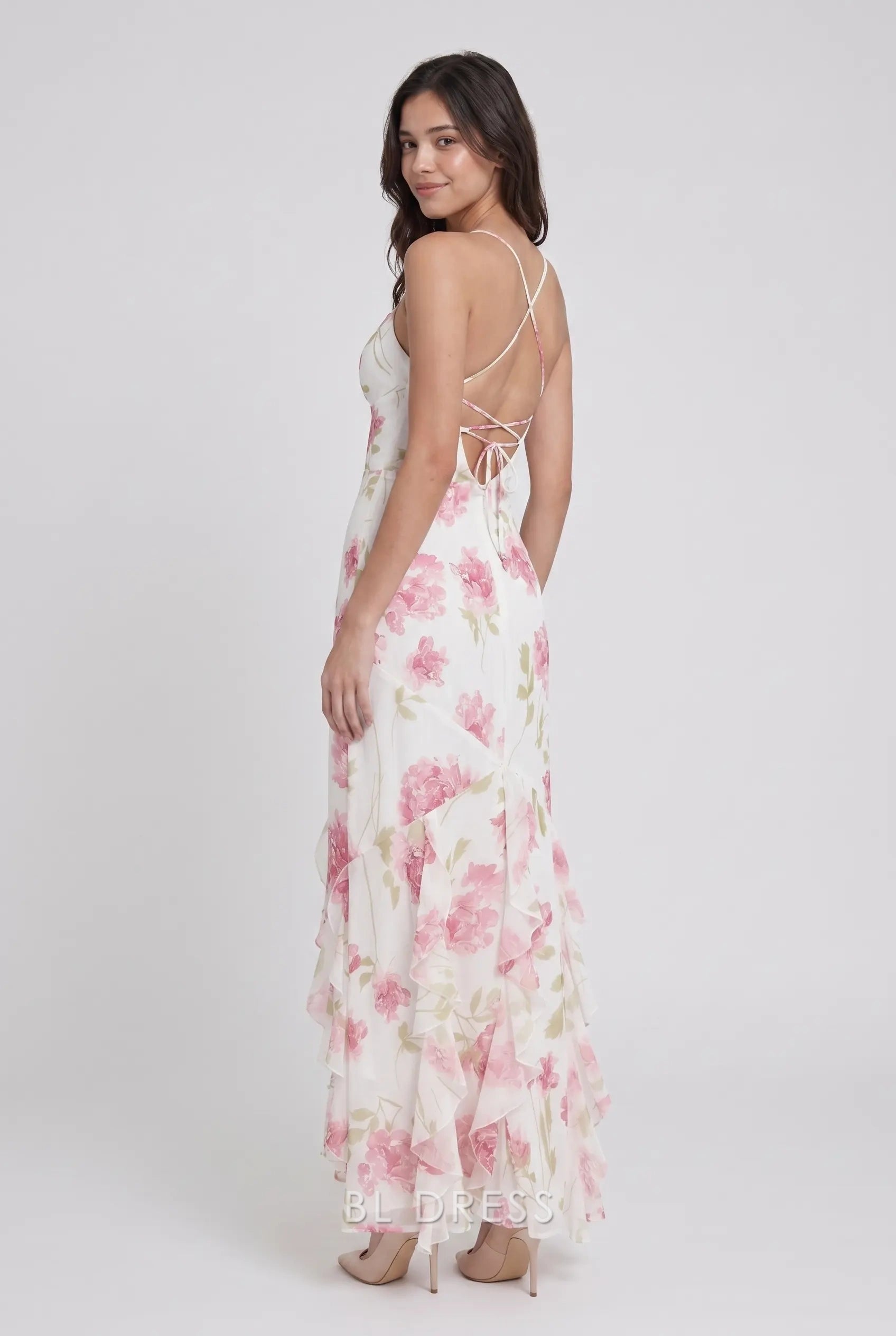White Spaghetti Strap Pink Floral Print Ruffle Chiffon Lace-Up Back Formal Evening Prom Dress