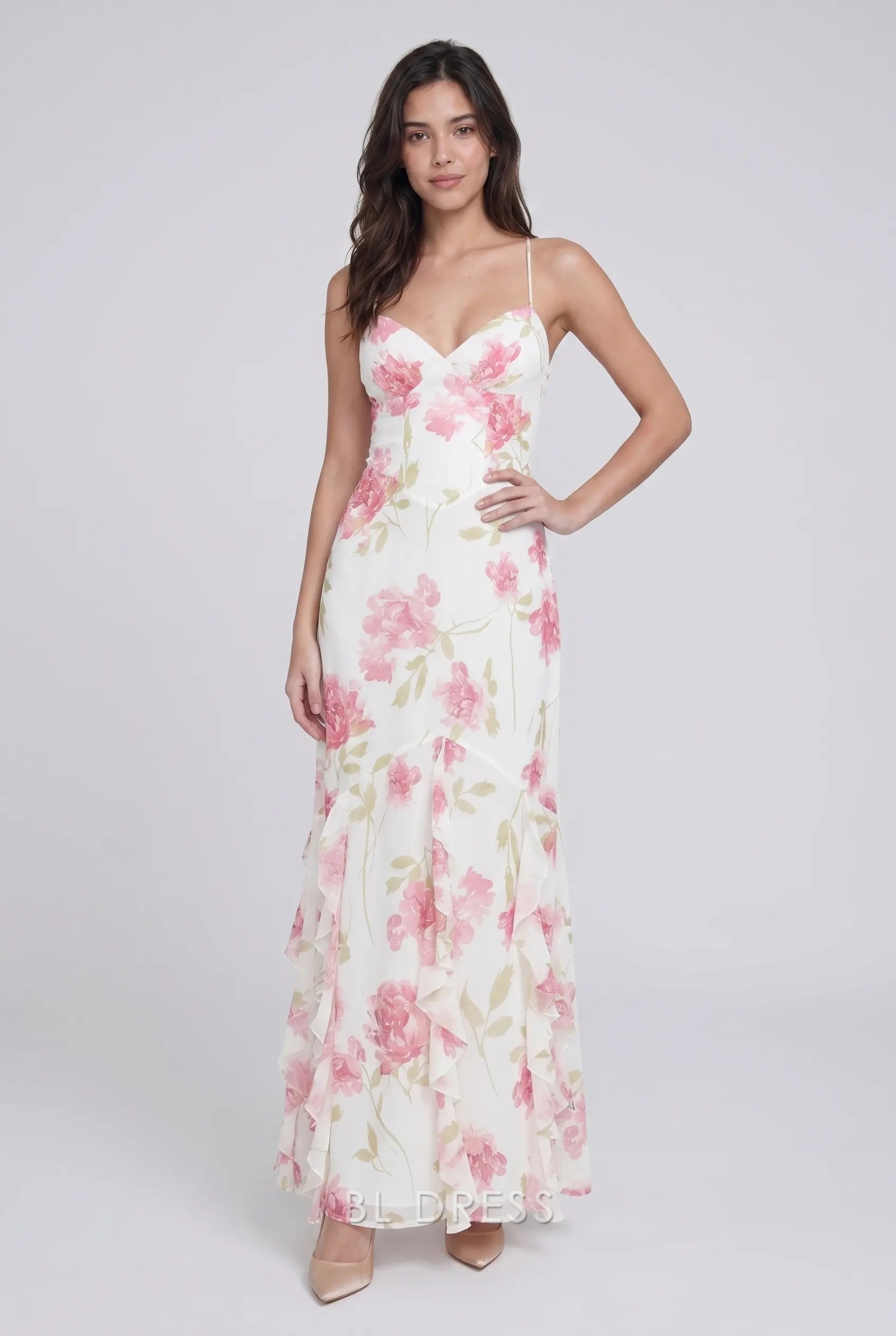 White Spaghetti Strap Pink Floral Print Ruffle Chiffon Lace-Up Back Formal Evening Prom Dress