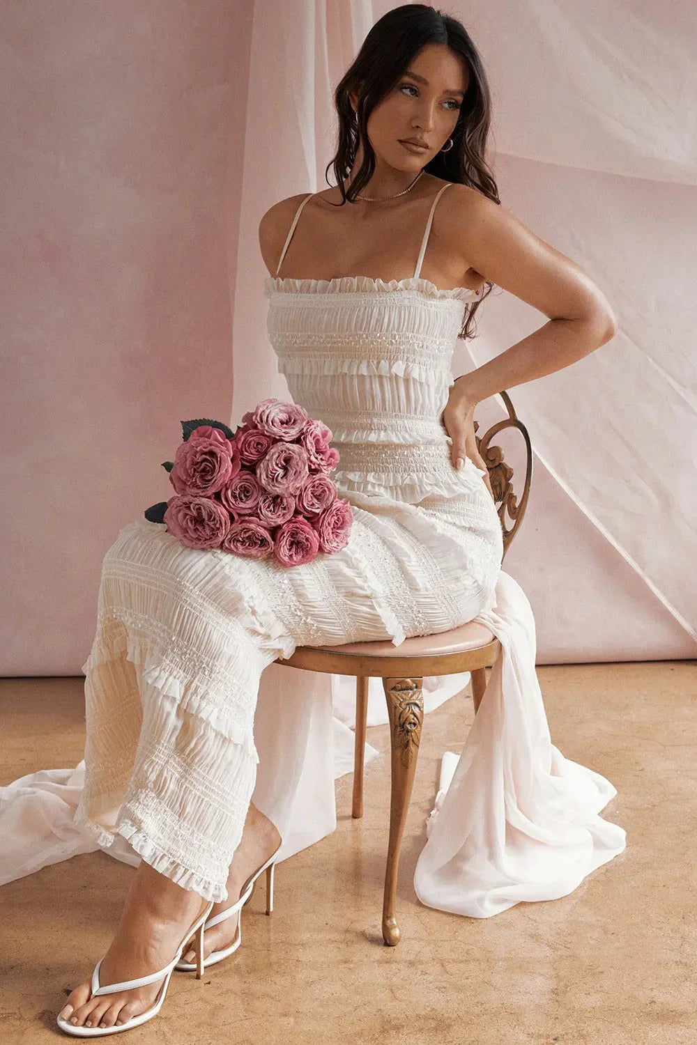 White Spaghetti Strap Smocked Tiered Ruffle Midi Prom Dress