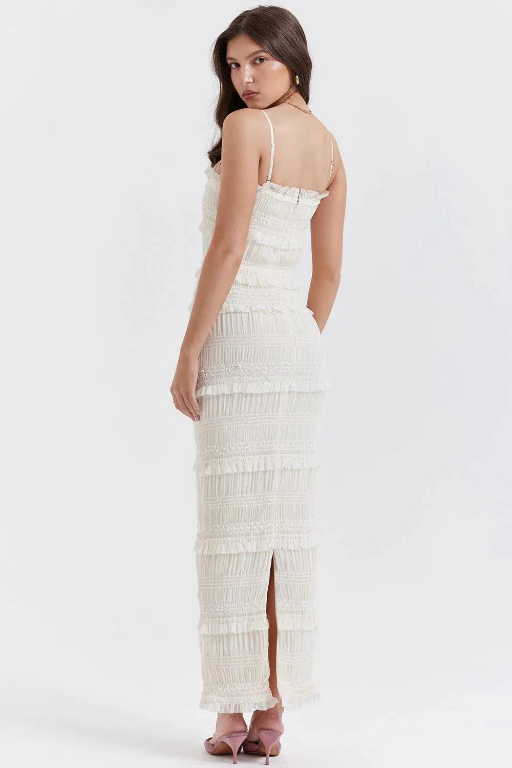 White Spaghetti Strap Smocked Tiered Ruffle Midi Prom Dress