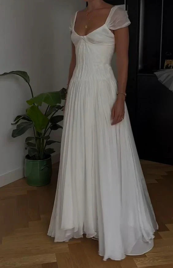 White Square Neck Chiffon Prom Dress with Puffed Sleeves and Flowy Skirt for Formal Events and Prom Nights