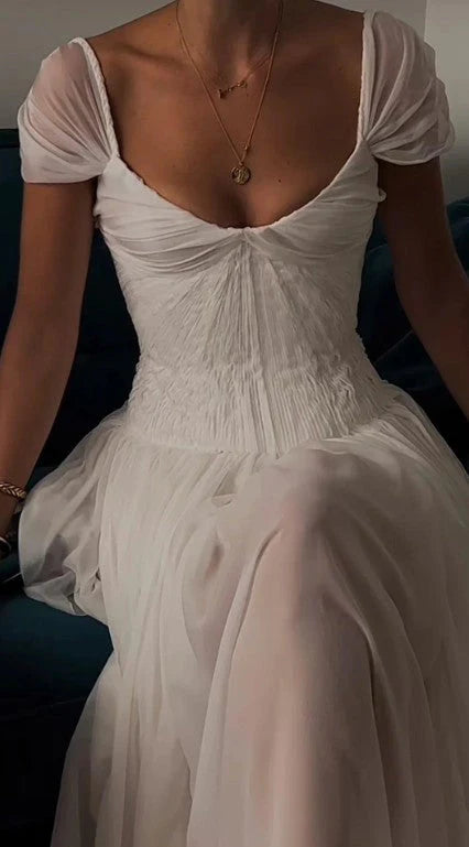 White Square Neck Chiffon Prom Dress with Puffed Sleeves and Flowy Skirt for Formal Events and Prom Nights