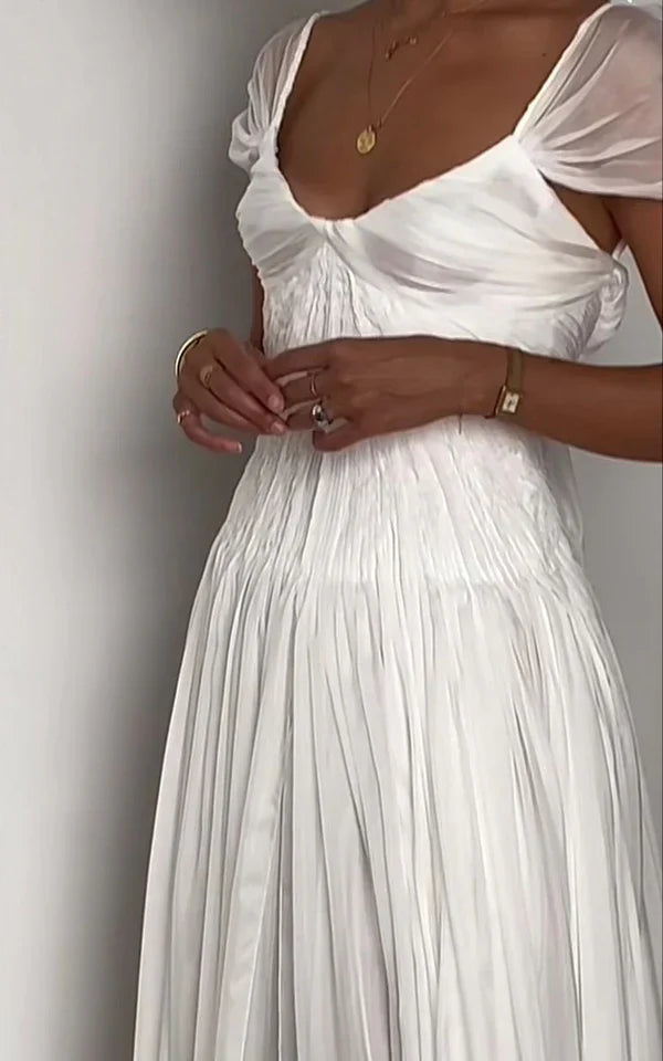 White Square Neck Chiffon Prom Dress with Puffed Sleeves and Flowy Skirt for Formal Events and Prom Nights